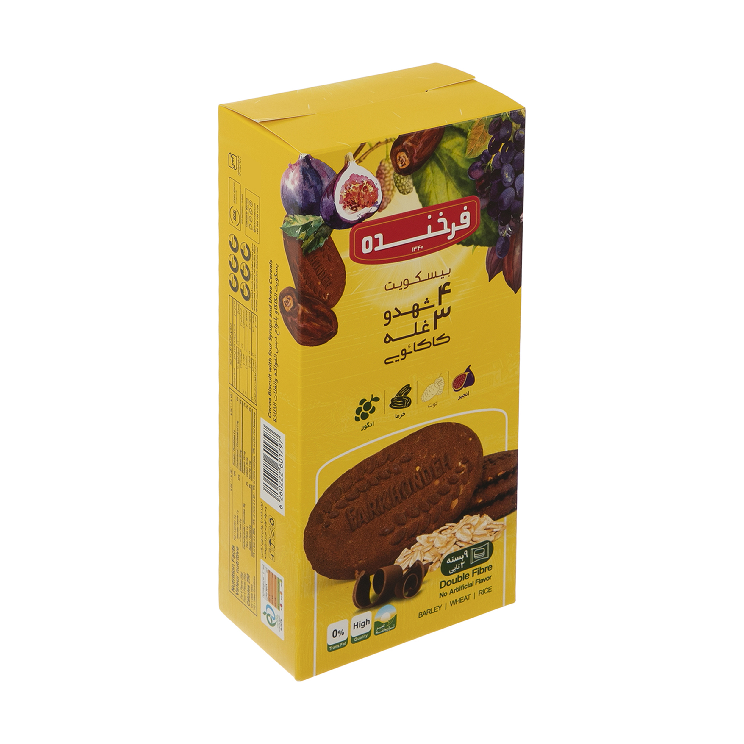 بیسکویت چهار شهد و 3 غله کاکائویی فرخنده - بسته 27 عددی بیسکویت چهار شهد و 3 غله کاکائویی فرخنده - بسته 27 عددی