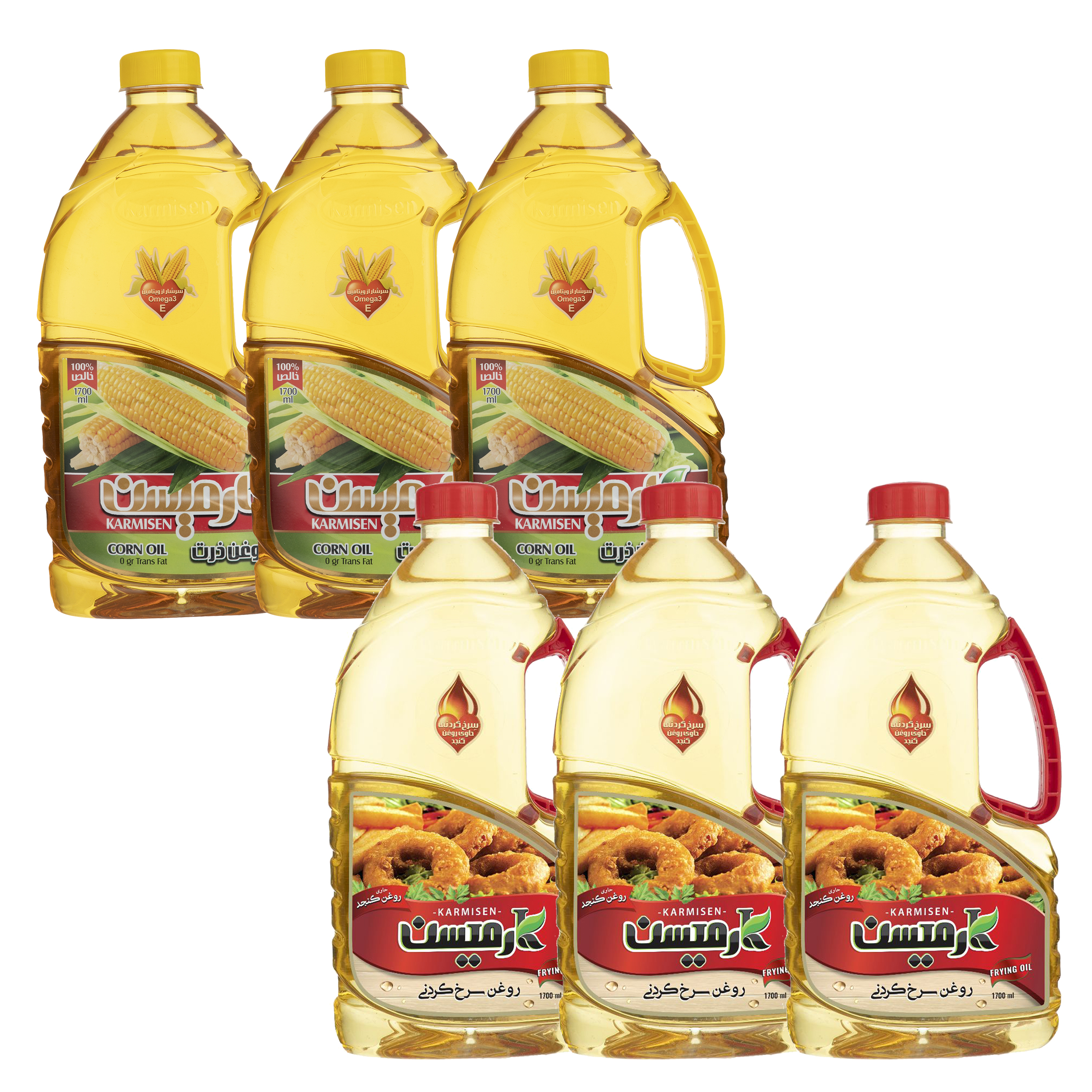 روغن ذرت تصفیه و روغن مخصوص سرخ کنجد کارمیسن - 1.7 لیتر مجموعه ۶ عددی روغن ذرت تصفیه و روغن مخصوص سرخ کنجد کارمیسن - 1.7 لیتر مجموعه ۶ عددی