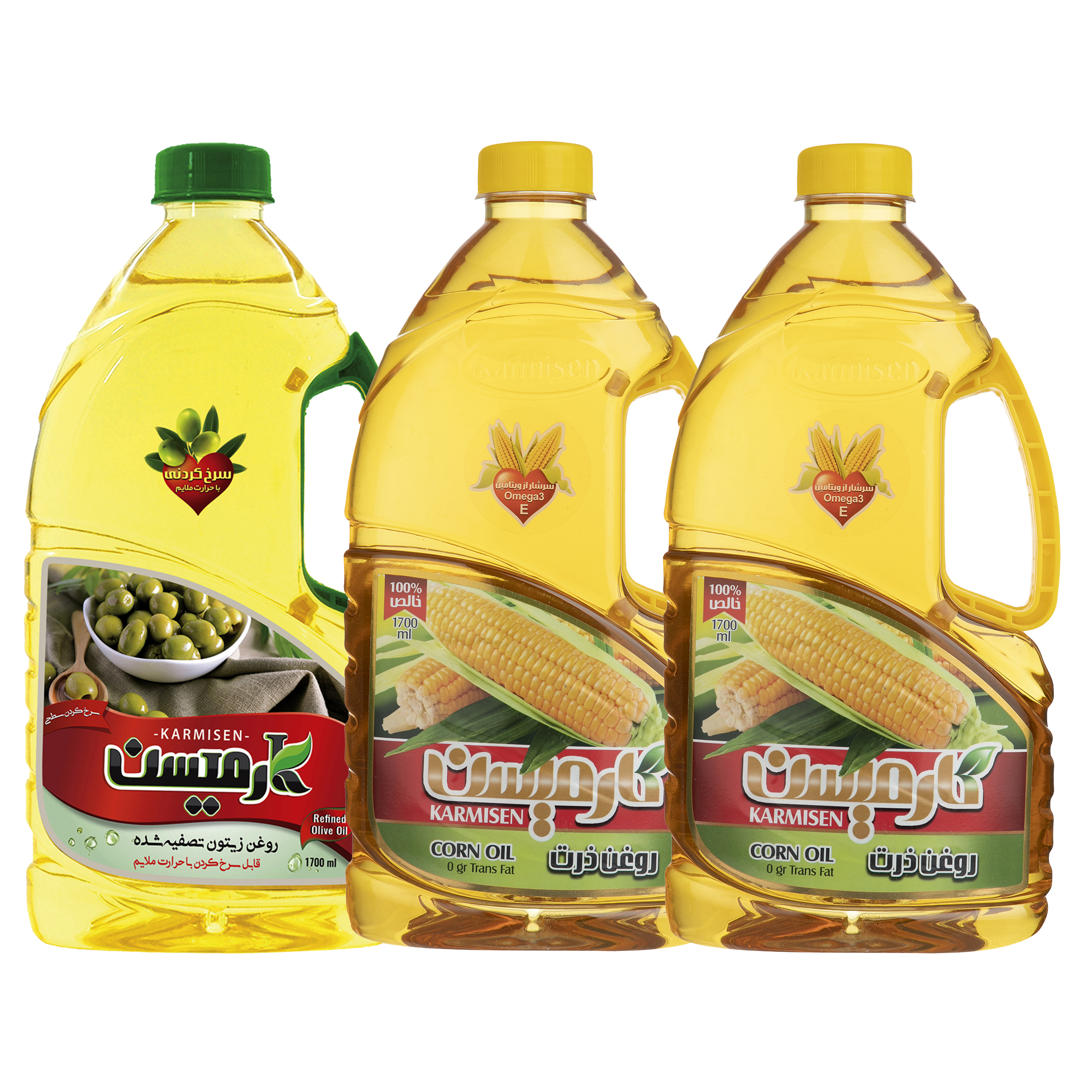روغن زیتون تصفیه سرخ کردنی و روغن ذرت خالص کارمیسن _ 1.7 لیتر مجموعه 3 عددی روغن زیتون تصفیه سرخ کردنی و روغن ذرت خالص کارمیسن _ 1.7 لیتر مجموعه 3 عددی