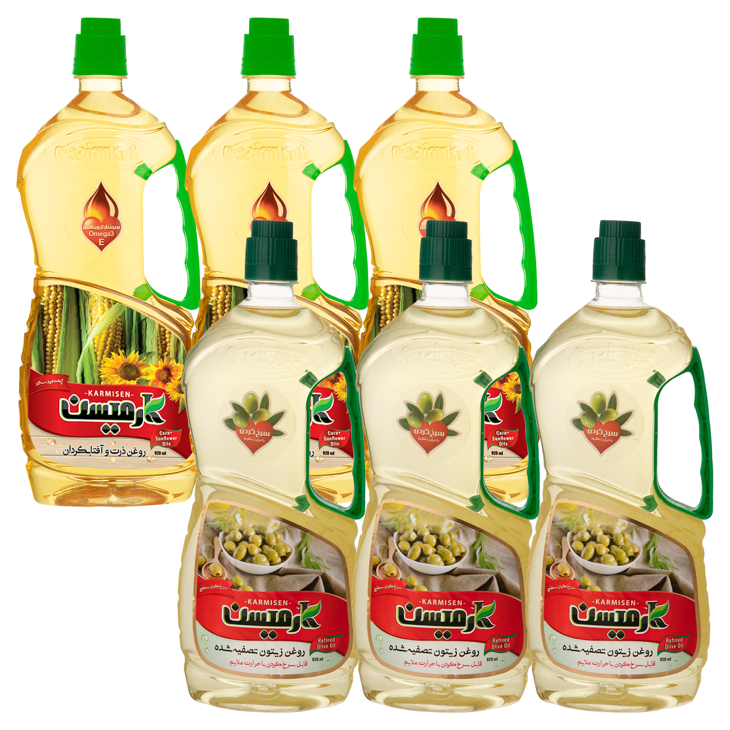 روغن ذرت و آفتابگردان و روغن زیتون تصفیه سرخ کردنی کارمیسن - 920 میلی لیتر بسته 6 عددی روغن ذرت و آفتابگردان و روغن زیتون تصفیه سرخ کردنی کارمیسن - 920 میلی لیتر بسته 6 عددی