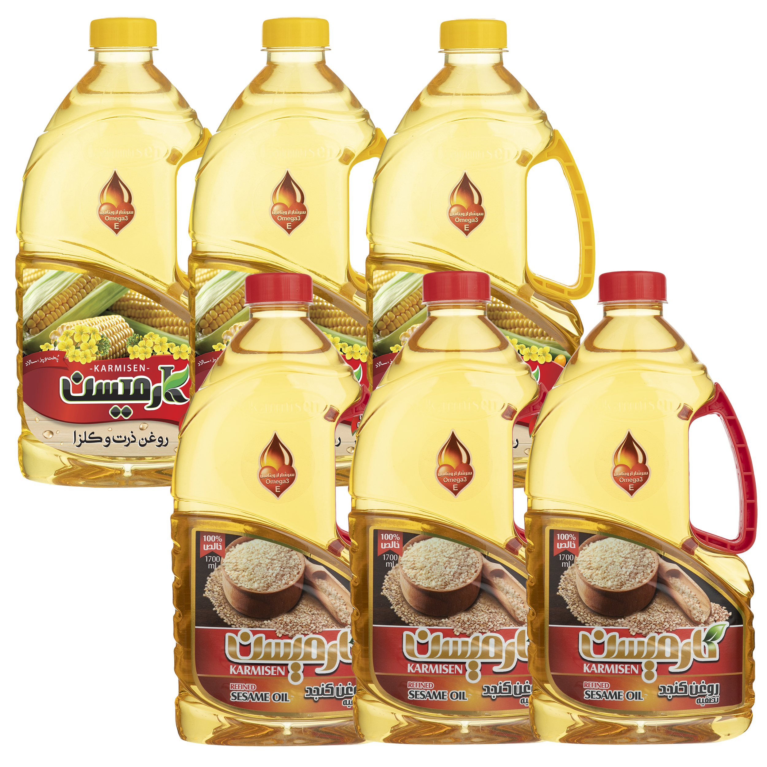 روغن کنجد تصفیه و روغن ذرت کانولا کارمیسن - 1.7 لیتر مجموعه ۶ عددی روغن کنجد تصفیه و روغن ذرت کانولا کارمیسن - 1.7 لیتر مجموعه ۶ عددی