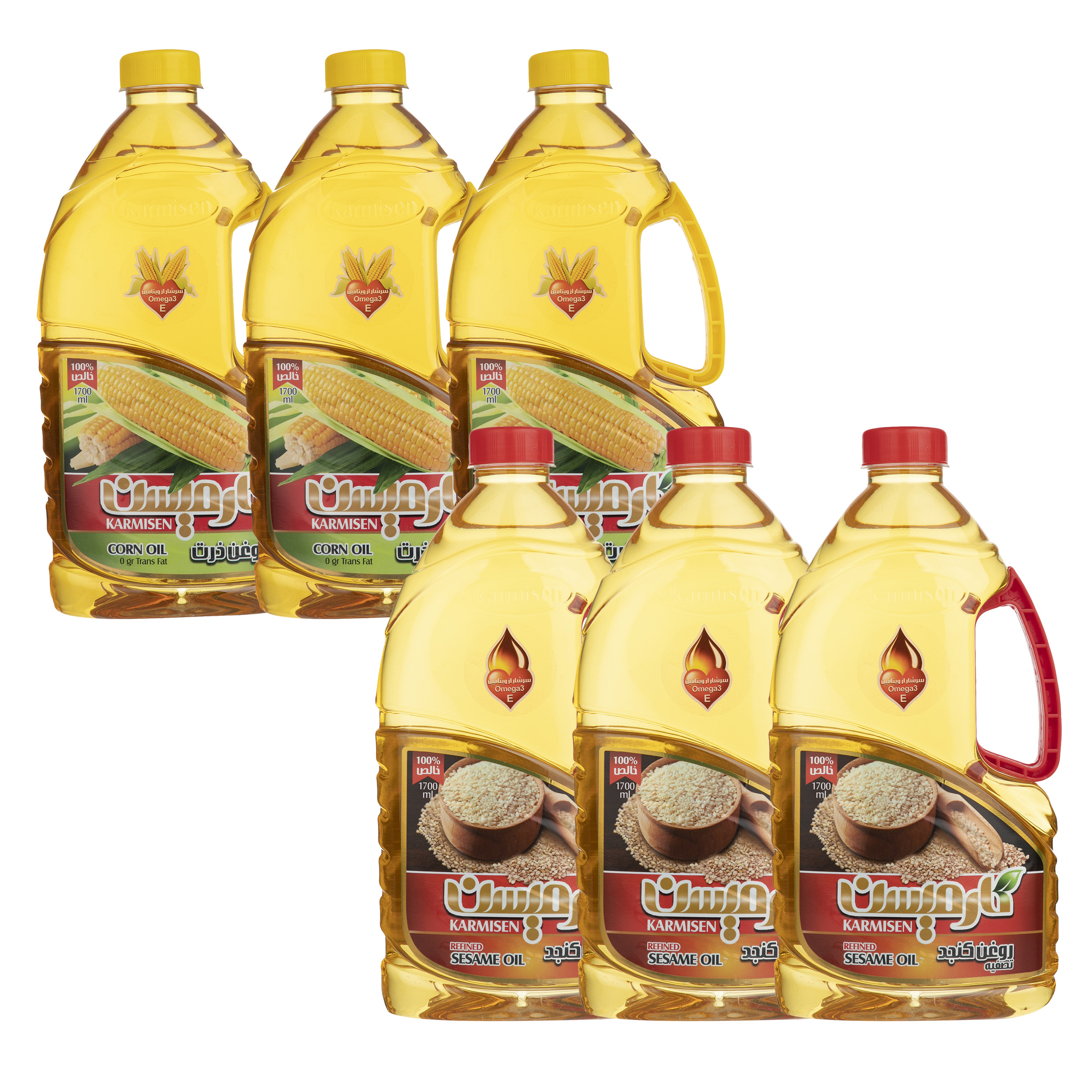 روغن ذرت و روغن کنجد تصفیه کارمیسن - 1.7 لیتر مجموعه ۶ عددی روغن ذرت و روغن کنجد تصفیه کارمیسن - 1.7 لیتر مجموعه ۶ عددی