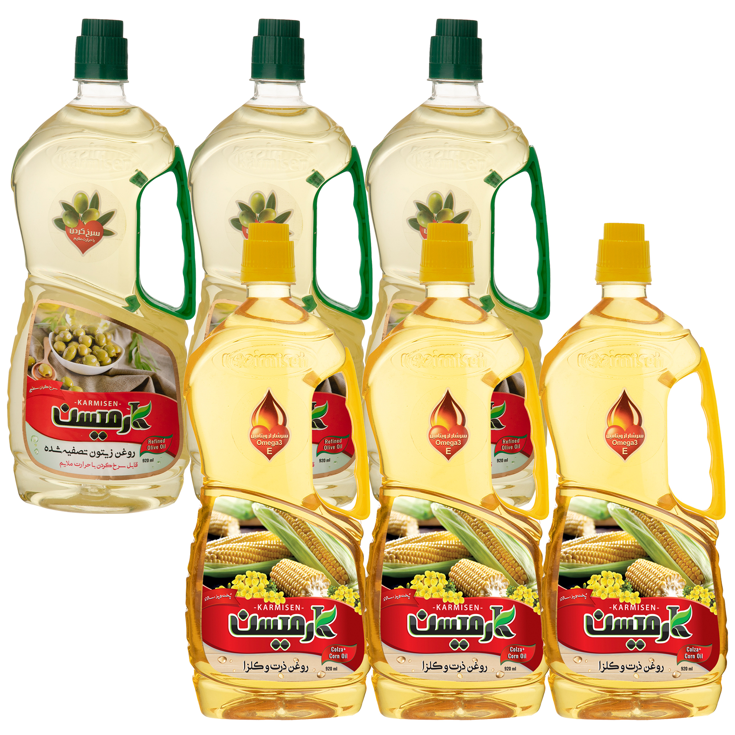 روغن زیتون تصفیه سرخ کردنی و روغن ذرت کانولا کارمیسن - 920 میلی لیتر مجموعه 6 عددی روغن زیتون تصفیه سرخ کردنی و روغن ذرت کانولا کارمیسن - 920 میلی لیتر مجموعه 6 عددی