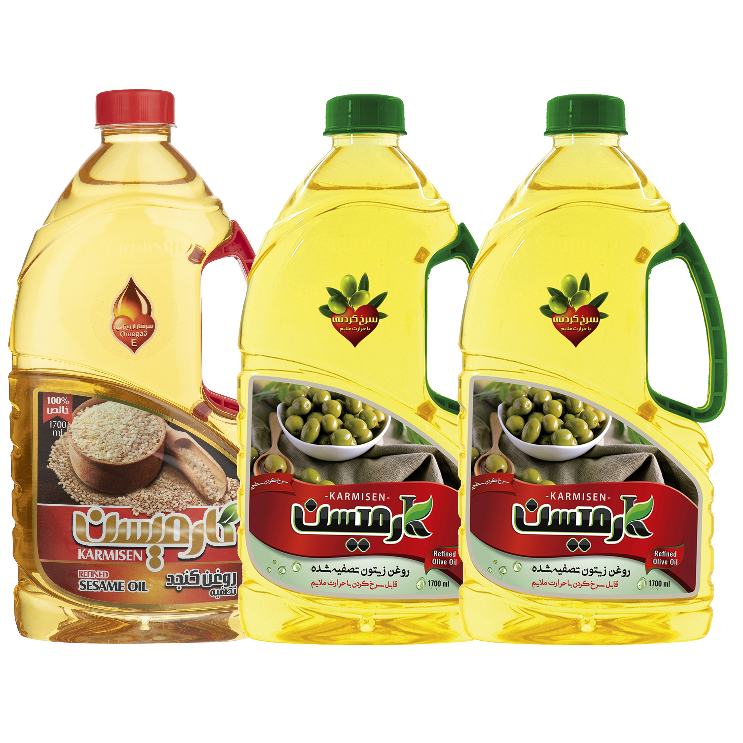 روغن زیتون تصفیه سرخ کردنی و روغن کنجد تصفیه خالص کارمیسن _ 1.7 لیتر مجموعه 3 عددی روغن زیتون تصفیه سرخ کردنی و روغن کنجد تصفیه خالص کارمیسن _ 1.7 لیتر مجموعه 3 عددی
