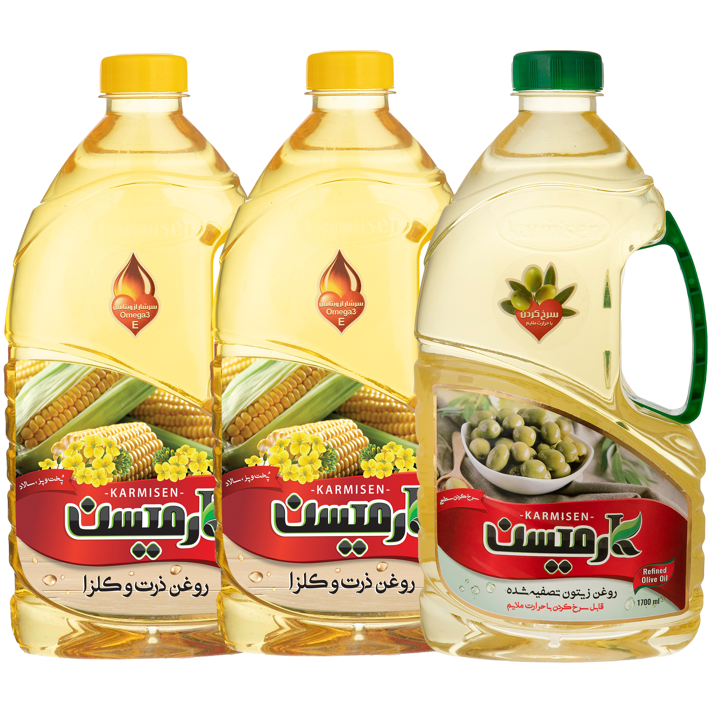 روغن زیتون تصفیه سرخ کردنی و روغن ذرت کانولا کارمیسن - 1.7 لیتر مجموعه 3 عددی روغن زیتون تصفیه سرخ کردنی و روغن ذرت کانولا کارمیسن - 1.7 لیتر مجموعه 3 عددی